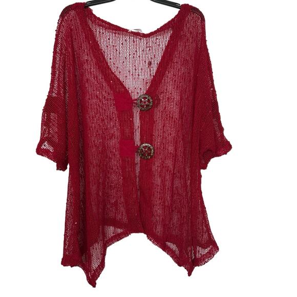 Kaktus Red Sheer Open Knit Sparkle Boho Asymmetrical Top XXL NWT Whimsigoth - Picture 1 of 13